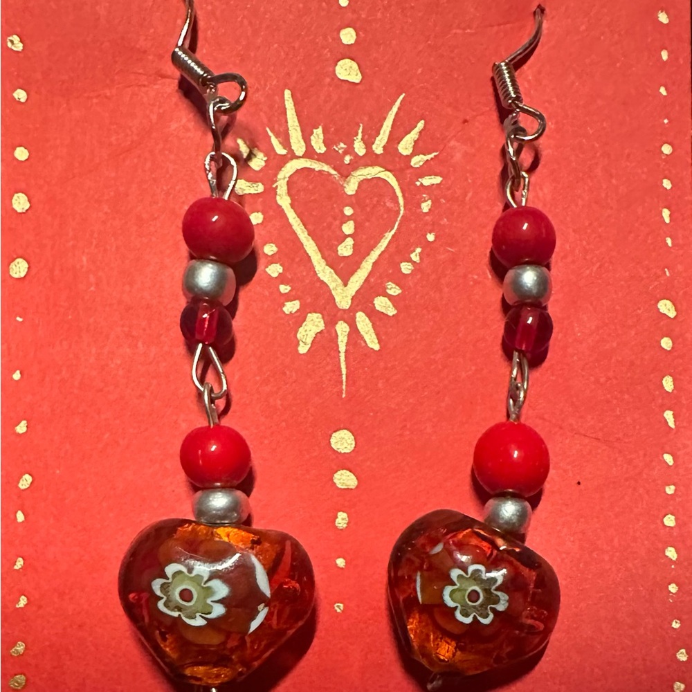 Red and Silver Heart Earrings